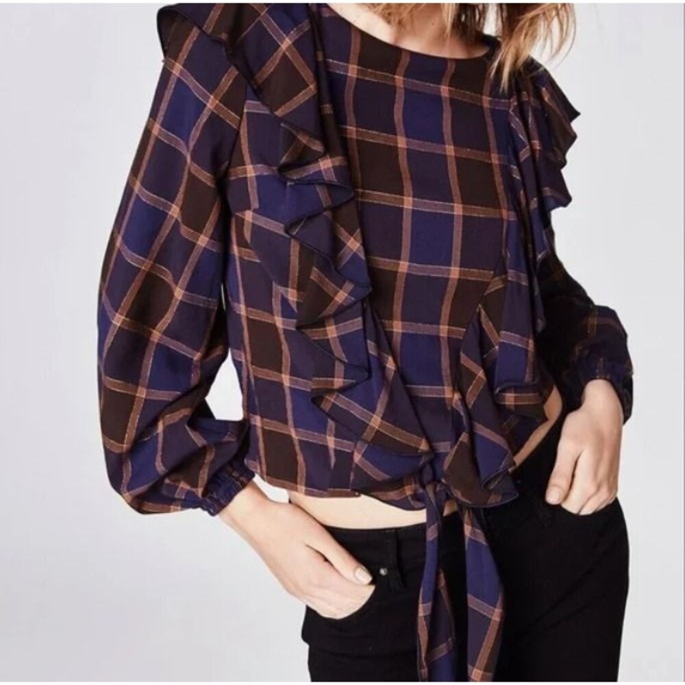 Nicole Miller Ruffle Neck Plaid Blouse | Size Medium | Fall Statement Top
